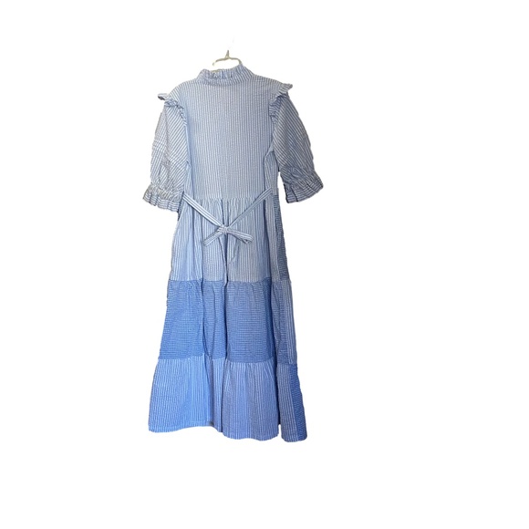 Blue White Seersucker Gingham Ruffle Tiered Prairie Cottagecore Maxi Dress S/M - Picture 13 of 16
